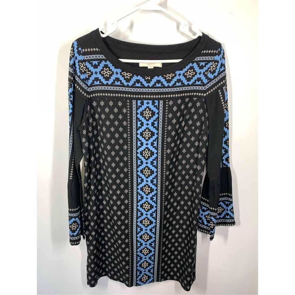 Loft Women's Rayon Geometric Long Sleeve Shift Dress Black Blue Size Medium
